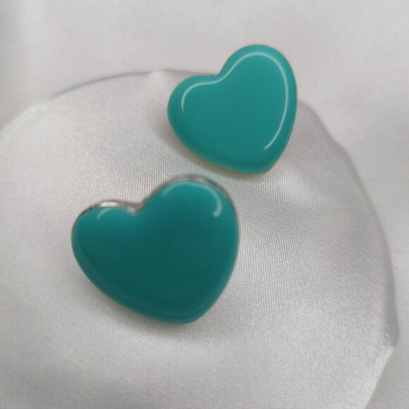 Teal Green Enamel Heart Button Earrings - Picture 4 of 6